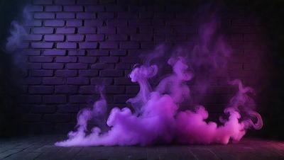 The primary subject of the image is a purple smoke or fog, which is billowing out of a brick wall. The setting is a dark room with a brick wall as the background. The visual style appears to be a digital art or illustration, as the smoke is depicted in a more artistic manner than a typical photo. The dominant colors in the image are purple and black, creating a moody and dramatic atmosphere.