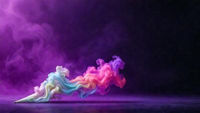 The primary subject of the image is a purple and pink smoke effect, which appears to be a digital art or illustration. The setting is a dark background, which contrasts with the vibrant colors of the smoke effect. The visual style suggests that the image is a creative and artistic representation of the smoke. The colors and mood of the image are predominantly purple and pink, giving it a dreamy and surreal atmosphere.