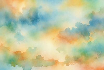 The primary subject of the image is a colorful, abstract painting of a cloudy sky. The setting is a cloudy sky, and the visual style is a watercolor painting. The dominant colors in the painting are blue, orange, and yellow, creating a vibrant and lively atmosphere.
