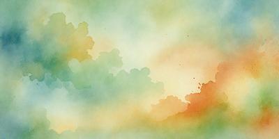 The primary subject of the image is a cloudy sky with a few clouds scattered throughout. The setting is a colorful, watercolor-style painting, giving the scene a vibrant and artistic appearance. The visual style is a mix of digital art and traditional painting, creating a unique and eye-catching image. The dominant colors in the painting are shades of orange, green, and blue, which contribute to the overall mood of the scene.