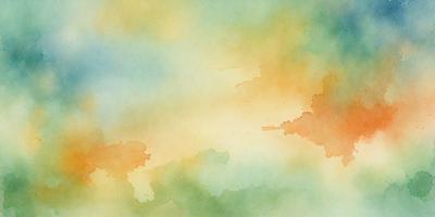 The primary subject of the image is a colorful, abstract painting of a cloudy sky. The setting is a cloudy sky, and the visual style is a watercolor painting. The dominant colors in the painting are shades of blue, green, and orange, creating a vibrant and lively atmosphere.