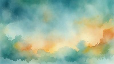 The primary subject of the image is a painting of a cloudy sky. The setting is a cloudy day, and the visual style is a watercolor painting. The colors and mood of the painting are predominantly blue and gray, creating a calm and serene atmosphere.
