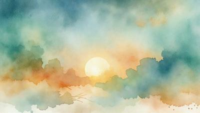 The primary subject of the image is a sunset, with the sun setting behind a cloudy sky. The setting is a cloudy sky, and the visual style is a watercolor painting. The colors and mood of the image are warm and serene, with the sunset creating a beautiful and calming atmosphere.