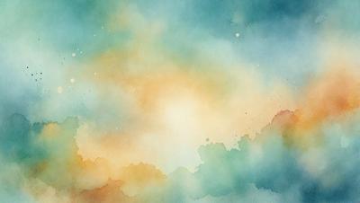 The primary subject of the image is a colorful, watercolor-style painting of a cloudy sky. The setting is a vibrant, colorful background that complements the painting. The visual style is a mix of digital art and traditional painting techniques, creating a unique and artistic atmosphere. The dominant colors in the painting are shades of blue, green, and orange, which contribute to the overall mood of the scene.