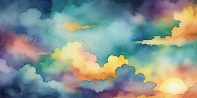 The primary subject of the image is a cloudy sky with a variety of colors, creating a vibrant and dynamic atmosphere. The setting is a cloudy sky, and the visual style is a watercolor painting. The colors and mood of the image are predominantly purple, blue, and yellow, giving it a warm and lively feel.
