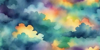 The primary subject of the image is a cloudy sky with a variety of colors, creating a vibrant and dynamic scene. The setting is outdoors, with the sky serving as the background. The visual style of the image is a combination of digital art and illustration, as it appears to be a painting or drawing with a vivid and lively atmosphere. The colors and mood of the image are predominantly green, blue, and purple, giving it a serene and calming feel.