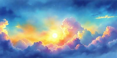 The primary subject of the image is a beautiful sunset, with the sun peeking through the clouds. The setting is a cloudy sky, and the visual style is a painting or digital art. The colors and mood of the image are warm and serene, with the sun's rays illuminating the clouds and creating a picturesque scene.