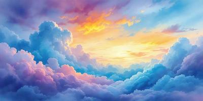 The primary subject of the image is a beautiful, colorful cloudy sky. The setting is a sunset, with the sun peeking through the clouds, creating a warm and serene atmosphere. The visual style is a combination of photo and digital art, as the clouds are depicted in a vibrant and artistic manner. The colors and mood of the image are predominantly blue and pink, with the sunset adding a touch of warmth and tranquility.