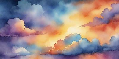 The primary subject of the image is a beautifully painted cloudy sky. The setting is a vibrant, colorful, and cloudy environment, with a sunset in the background. The visual style is a watercolor painting, which adds a sense of depth and artistic flair to the scene. The colors and mood of the image are warm, inviting, and serene, creating a sense of tranquility and wonder.