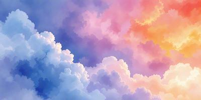 The primary subject of the image is a cloudy sky with various cloud formations. The setting is a colorful, cloudy sky, which creates a vibrant and lively atmosphere. The visual style is a combination of digital art and illustration, giving the image a unique and artistic appearance. The dominant colors in the image are shades of pink, blue, and white, which contribute to the overall mood of the scene.
