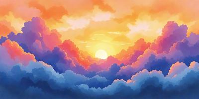 The primary subject of the image is a beautiful sunset, with the sun peeking through the clouds. The setting is a cloudy sky, and the visual style is a colorful, hand-painted illustration. The colors and mood of the image are warm and inviting, creating a serene and picturesque scene.