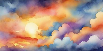 The primary subject of the image is a sunset, with the sun setting behind a cloudy sky. The setting is a cloudy sky, and the visual style is a watercolor painting. The colors and mood of the image are predominantly warm and serene, with the sunset creating a sense of tranquility and beauty.