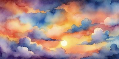 The primary subject of the image is a beautiful sunset with a vibrant orange sky. The setting is a cloudy sky, which adds to the overall atmosphere of the scene. The visual style of the image is a watercolor painting, giving it a unique and artistic appearance. The dominant colors in the painting are orange and blue, creating a warm and inviting mood.