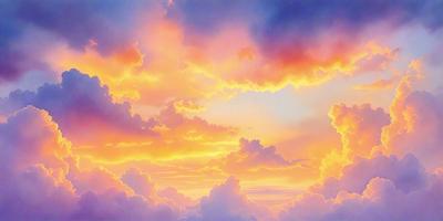 The primary subject of the image is a beautiful sunset with a cloudy sky. The setting is a picturesque landscape with a mix of clouds and a sunset in the background. The visual style of the image is a combination of photo and digital art, creating a stunning and vibrant scene. The colors and mood of the image are warm and inviting, with the sunset casting a golden glow over the clouds and sky.