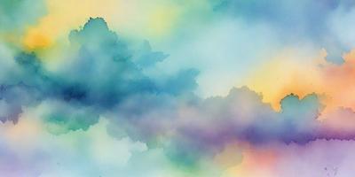The primary subject of the image is a cloudy sky with a colorful, swirling pattern. The setting is a colorful, swirling sky, and the visual style is a watercolor painting. The colors and mood of the image are vibrant and lively, with a sense of movement and energy.