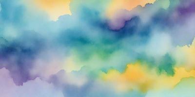 The primary subject of the image is a colorful, abstract painting featuring a cloudy sky. The setting is a cloudy background, and the visual style is a combination of digital art and illustration. The dominant colors in the painting are blue, green, and yellow, creating a vibrant and lively atmosphere.