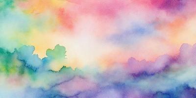 The primary subject of the image is a tree, which is located in the foreground. The setting is a field with a colorful sky in the background. The visual style is a watercolor painting, which gives the image a vibrant and artistic appearance. The dominant colors in the painting are pink, purple, and blue, creating a serene and dreamy atmosphere.