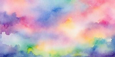 The primary subject of the image is a colorful, swirling cloud in the sky. The setting is a colorful, swirling sky with a cloudy background. The visual style is a watercolor painting, which gives the image a vibrant and artistic appearance. The dominant colors are shades of pink, blue, and yellow, creating a warm and lively atmosphere.