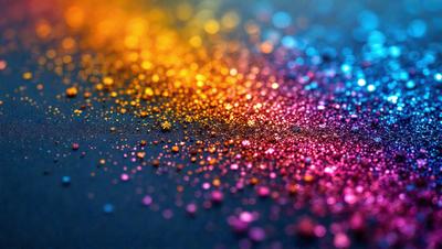 The primary subject of the image is a close-up of a colorful, glittery surface, likely a piece of fabric or a wallpaper with a colorful pattern. The setting is a black background, which contrasts with the vibrant colors of the glittery surface. The visual style appears to be a combination of a photo and digital art, as the colors and patterns are both realistic and artistic. The dominant colors in the image are pink, blue, and yellow, creating a lively and cheerful atmosphere