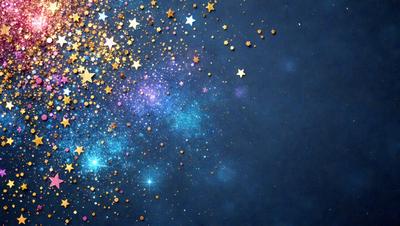 The primary subject of the image is a blue background with a pattern of stars and gold glitter. The setting is a night sky, and the visual style is a combination of digital art and illustration. The dominant colors are blue, gold, and purple, creating a serene and celestial atmosphere.