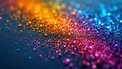 The primary subject of the image is a close-up of a colorful, glittery surface, likely a piece of fabric or a wallpaper with a colorful pattern. The setting is a dark background, which contrasts with the vibrant colors of the glittery surface. The visual style appears to be a combination of a photo and digital art, as the colors and patterns are both realistic and artistic. The dominant colors in the image are pink, blue, and orange, creating a lively and cheerful atmosphere