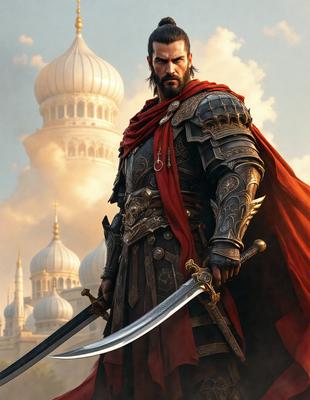 The primary subject of the image is a man dressed in medieval armor, holding a sword. He is standing in front of a large building, possibly a mosque, with a red cape. The setting appears to be a historical or fantasy-inspired environment. The visual style of the image is a digital art or illustration, with a focus on the man and his sword. The colors and mood of the image are dark and dramatic, with the man's red cape standing out against the backdrop of the