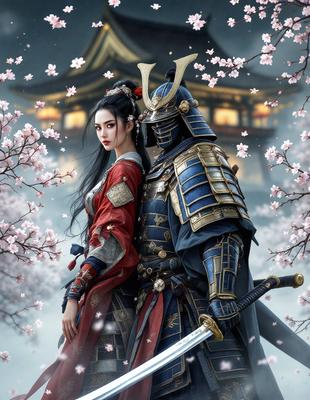 The primary subject of the image is a woman dressed in a red and gold kimono, standing next to a man in a blue and gold armor. The setting is a snowy environment, with cherry blossoms in the background. The visual style is digital art, and the colors and mood are predominantly white and gold, with a touch of red from the woman's kimono.