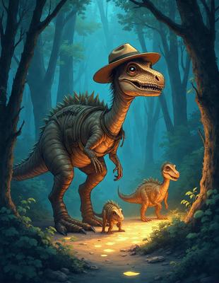 The primary subject of the image is a large dinosaur, possibly a T-Rex, standing next to a smaller dinosaur, possibly a baby T-Rex. The setting is a forest, with trees and foliage surrounding the dinosaurs. The visual style is a digital art or illustration, creating a vivid and detailed scene. The colors and mood of the image are predominantly dark, with the dinosaurs being the main focus, and the forest providing a sense of depth and mystery.