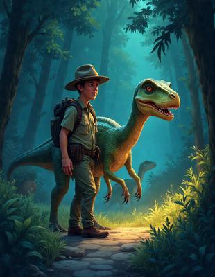 The primary subject of the image is a young boy wearing a hat and a backpack, standing next to a large green dinosaur. The setting is a forest, with trees and foliage surrounding the boy and the dinosaur. The visual style is a digital art illustration, creating a vibrant and engaging scene. The colors and mood are lively and adventurous, as the boy and the dinosaur appear to be exploring the forest together.