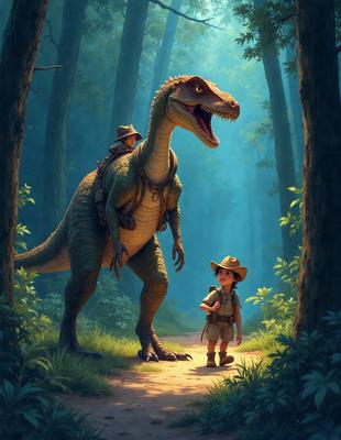 The primary subject of the image is a large, green dinosaur standing on a dirt path. The setting is a forest, with trees surrounding the path. The visual style is an illustration, giving the scene a whimsical and imaginative feel. The dominant colors are green and brown, creating a natural and earthy atmosphere.