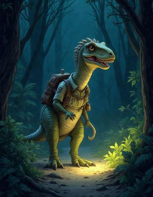 The primary subject of the image is a cartoon dinosaur, specifically a T-Rex, standing in a forest. The setting is a dark forest with trees surrounding the dinosaur. The visual style is a digital art or illustration, giving the image a unique and creative appearance. The colors and mood of the image are predominantly dark, with the T-Rex being the main focus and source of light in the scene.