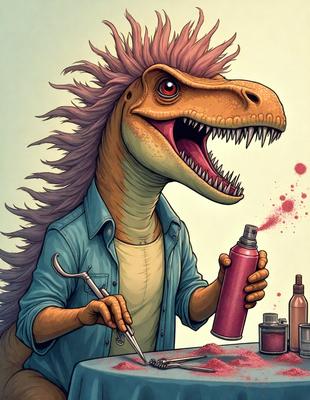 The primary subject of the image is a cartoon dinosaur, specifically a T-Rex, who is holding a bottle of pink hair spray. The setting is a hair salon, with a sink and a chair visible in the background. The visual style is a comic or cartoon illustration, giving the scene a playful and whimsical atmosphere. The dominant colors are pink and purple, which are associated with the hair spray and the dinosaur's hair.