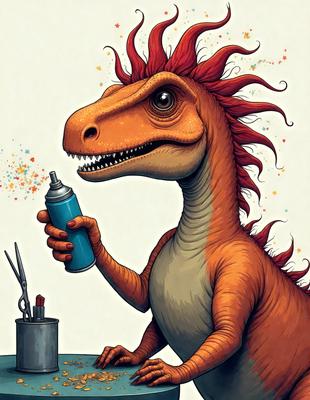 The primary subject of the image is a cartoon dinosaur, specifically a T-Rex, with a blue can of spray paint in its hand. The setting is a workspace, with a table and a pair of scissors visible in the background. The visual style is a comic or cartoon illustration, with the dinosaur depicted in a humorous and exaggerated manner. The colors and mood of the image are bright and playful, with the T-Rex's red hair and
