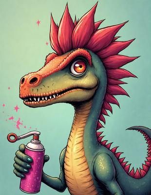 The primary subject of the image is a cartoon dinosaur with a pink mane, holding a spray can. The setting is a green background, and the visual style is a digital art illustration. The colors are predominantly pink and green, creating a playful and whimsical atmosphere.