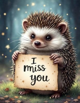 Primary subject: A hedgehog holding a sign that says "I miss you."

Setting/background: The hedgehog is standing in a forest, surrounded by trees and leaves.

Visual style: The image is a digital art or illustration.

Colors and mood: The image has a warm and cozy atmosphere, with the hedgehog's brown and white colors complementing the natural forest setting.
