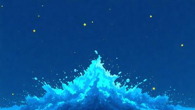 The primary subject of the image is a large wave in the ocean. The setting is a nighttime scene with a dark blue sky, and the visual style is a digital art or illustration. The dominant colors are blue and white, creating a serene and calming atmosphere.