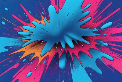 The primary subject of the image is a close-up of a blue and pink splash, which appears to be a digital art or illustration. The setting is a blue and pink background, creating a vibrant and lively atmosphere. The visual style is a mix of digital art and illustration, with the colors and mood being predominantly blue and pink.