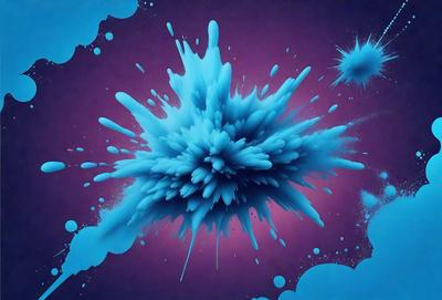 The primary subject of the image is a large, blue, splashing blob of paint, which appears to be a digital art or illustration. The setting is a purple background, which adds a contrasting color to the scene. The visual style suggests that the image is a creative and artistic representation of a splashing paint blob. The dominant colors are blue and purple, creating a vibrant and energetic atmosphere.