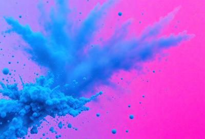 The primary subject of the image is a blue and white cloud, which is the main object, scene, or focus of the image. The cloud is floating in a pink background, creating a contrast between the two colors. The visual style of the image is digital art, as it appears to be a digital illustration or drawing. The dominant colors in the image are blue and white, with the pink background adding a warm and vibrant atmosphere to the scene.