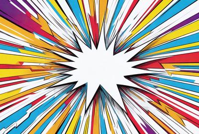 The primary subject of the image is a brightly colored, abstract artwork featuring a star-like shape. The setting is a white background, which contrasts with the vibrant colors of the artwork. The visual style is a combination of digital art and illustration, creating a dynamic and eye-catching piece. The dominant colors are yellow, blue, and red, giving the artwork a lively and energetic atmosphere.