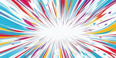 The primary subject of the image is a colorful, abstract explosion of colors. The setting is a white background, which contrasts with the vibrant colors of the explosion. The visual style is a combination of digital art and illustration, creating a dynamic and eye-catching design. The dominant colors are red, blue, yellow, and green, which together create a lively and energetic atmosphere.