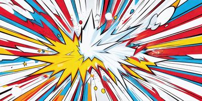 The primary subject of the image is a colorful, abstract explosion, which appears to be a painting or digital art. The setting is a white background, and the visual style is a mix of colors and patterns. The dominant colors are red, yellow, and blue, creating a vibrant and energetic atmosphere.