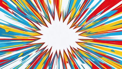 The primary subject of the image is a brightly colored, abstract explosion of colors. The setting is a white background, which contrasts with the vibrant colors of the explosion. The visual style is a mix of digital art and illustration, creating a dynamic and eye-catching design. The dominant colors are red, yellow, and blue, which together create a lively and energetic atmosphere.