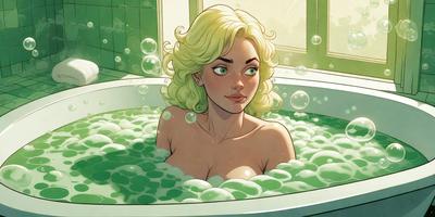 The primary subject of the image is a woman sitting in a bathtub filled with bubbles. The setting is a bathroom, and the visual style is an illustration or drawing. The colors and mood of the image are predominantly green, with the bubbles adding a sense of relaxation and tranquility.