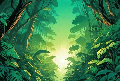 The image is a digital art illustration of a forest scene. The primary subject is a sunlight shining through the trees, creating a warm and inviting atmosphere. The setting is a lush green forest filled with trees and plants, providing a serene and natural backdrop. The visual style is a combination of realistic elements and artistic interpretation, creating a unique and captivating image. The colors and mood are predominantly green, with the sunlight adding a touch of warmth and brightness to the scene.