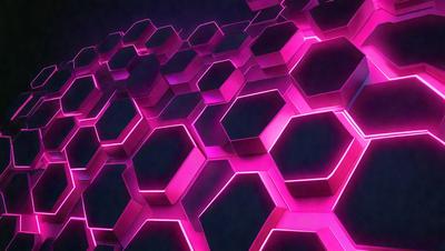 The primary subject of the image is a large, pink, geometric pattern. The setting is a dark background, which contrasts with the bright pink hue of the pattern. The visual style appears to be a combination of digital art and illustration, creating a unique and eye-catching design. The dominant colors are pink and purple, giving the image a vibrant and energetic atmosphere.