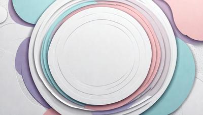 The primary subject of the image is a white plate with a pink and purple border. The plate is placed on a blue surface, which serves as the setting or background. The visual style of the image is a close-up of the plate, showcasing its design and colors. The dominant colors in the image are white, pink, and purple, creating a warm and inviting atmosphere.