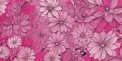The primary subject of the image is a pink floral pattern, featuring a variety of flowers. The setting is a pink background, which complements the floral design. The visual style is a combination of digital art and illustration, creating a vibrant and lively atmosphere. The dominant colors are pink and white, with the flowers adding a touch of color and life to the overall design.