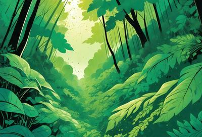 The primary subject of the image is a lush green forest filled with trees and foliage. The setting is a dense, green forest with a sunny atmosphere. The visual style is a combination of digital art and illustration, creating a vibrant and detailed scene. The colors and mood are predominantly green, with a sense of tranquility and natural beauty.
