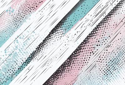 The primary subject of the image is a colorful, patterned design featuring a mix of pink, blue, and white colors. The setting is a white background, which provides a clean and minimalist appearance. The visual style is a combination of digital art and illustration, creating a unique and eye-catching design. The colors and mood of the image are vibrant and lively, evoking a sense of joy and creativity.